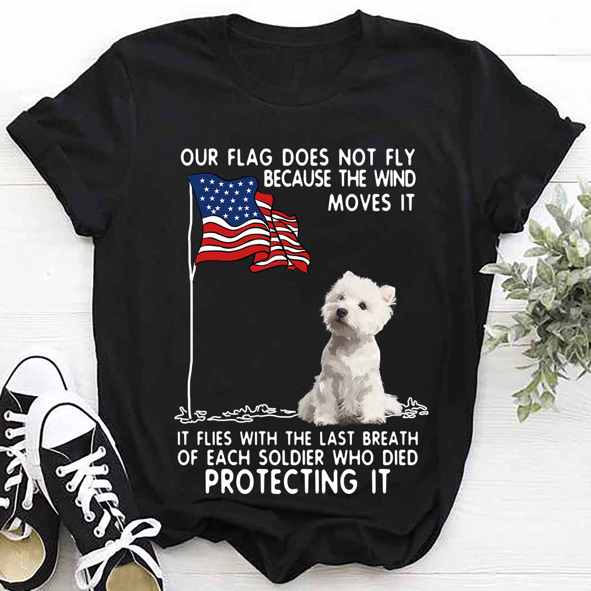 Our flag does not fly because the wind moves it - America flag, Shih Tzu dog
