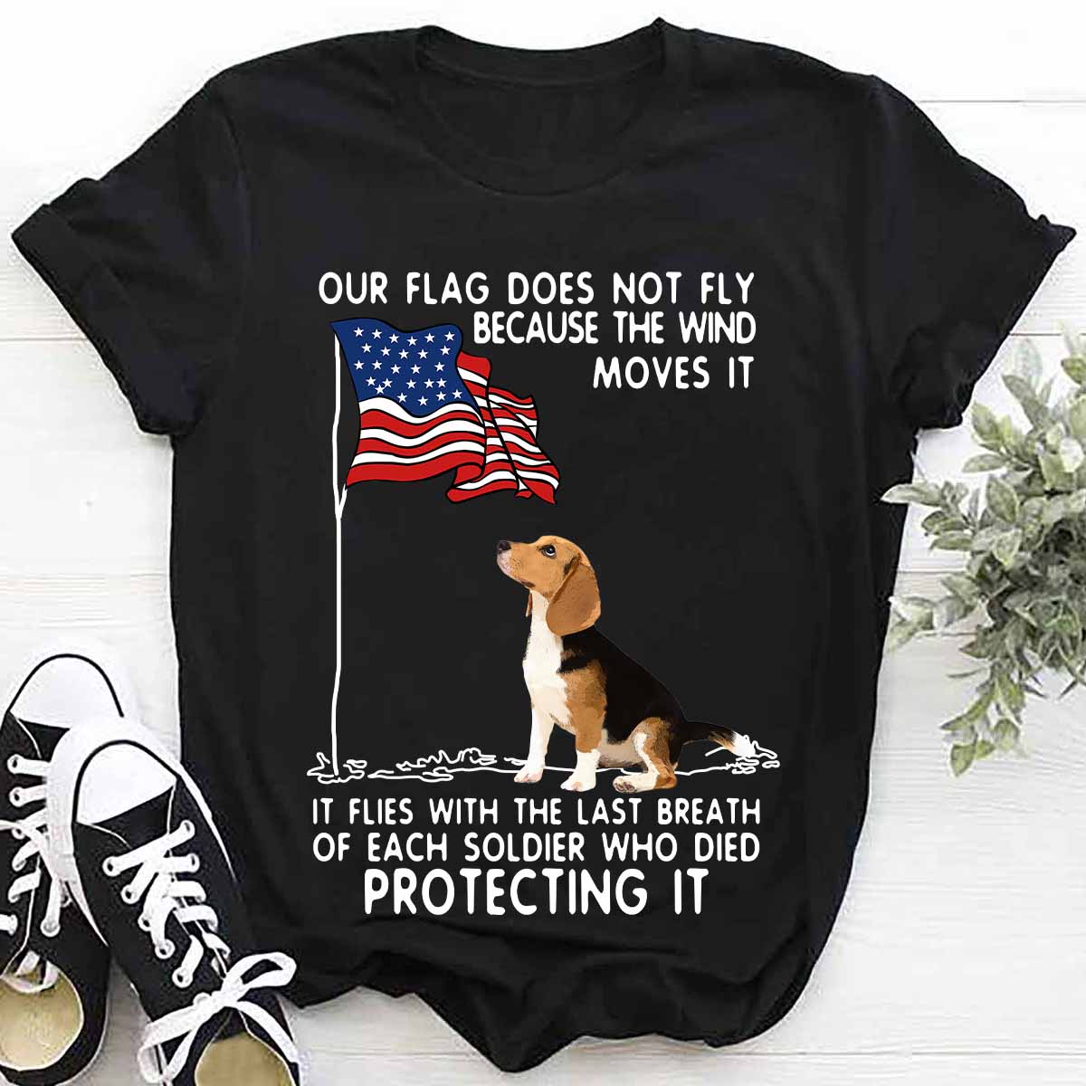 Our flag does not fly because the wind moves it it flies with the last breath - Beagle dog and America flag