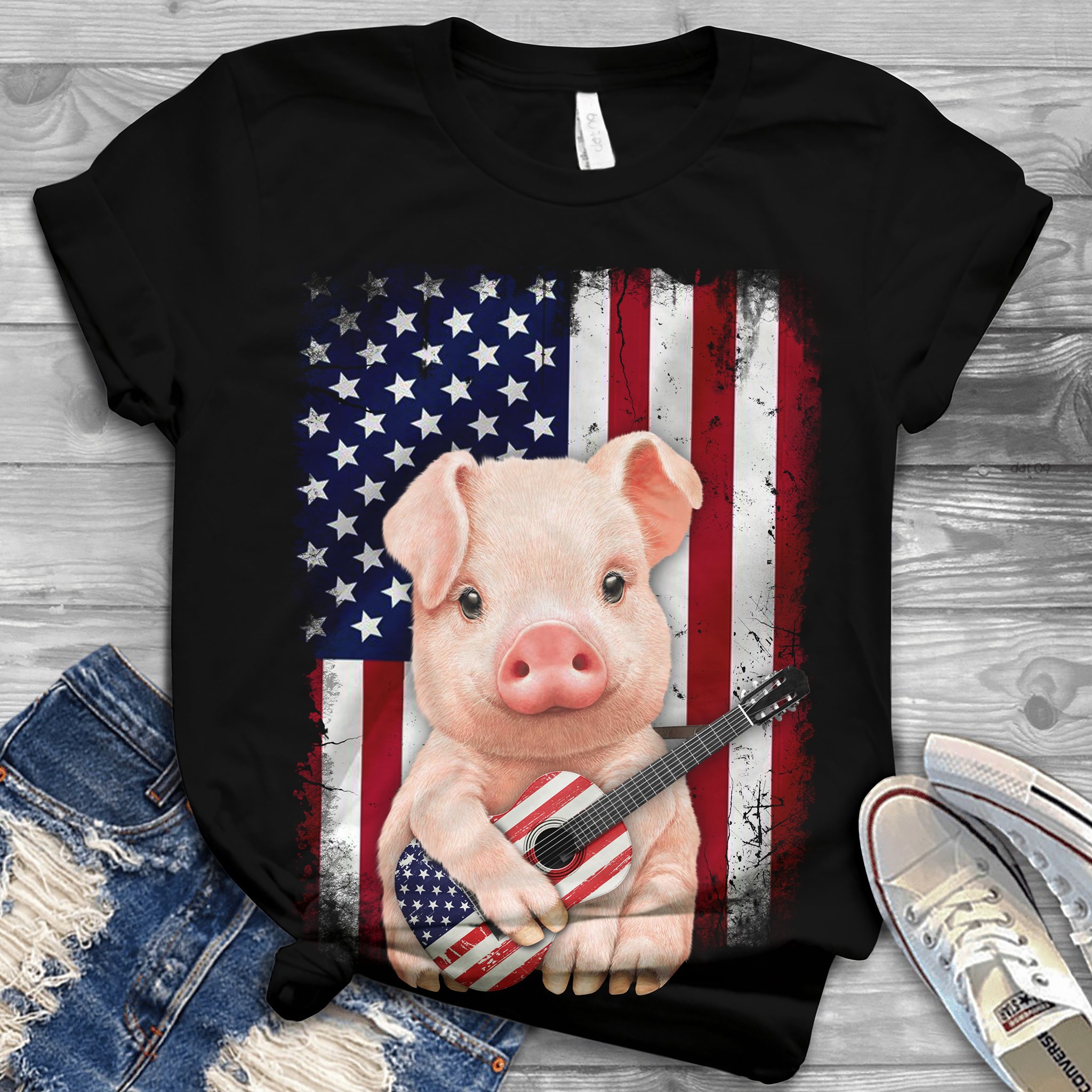 Pig playing guitar - Pig lover, America flag