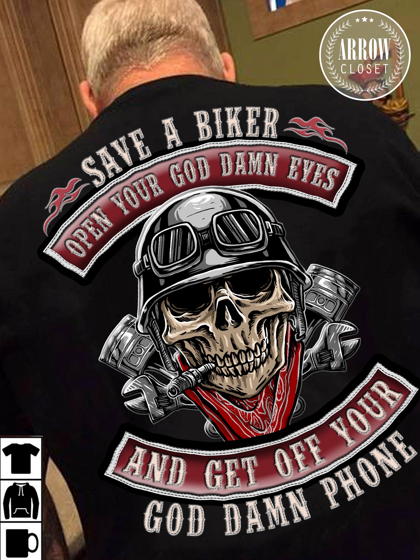 Save a biker open your god damn eyes and get off your god damn phone - Evil skullcap, motorcycle lover