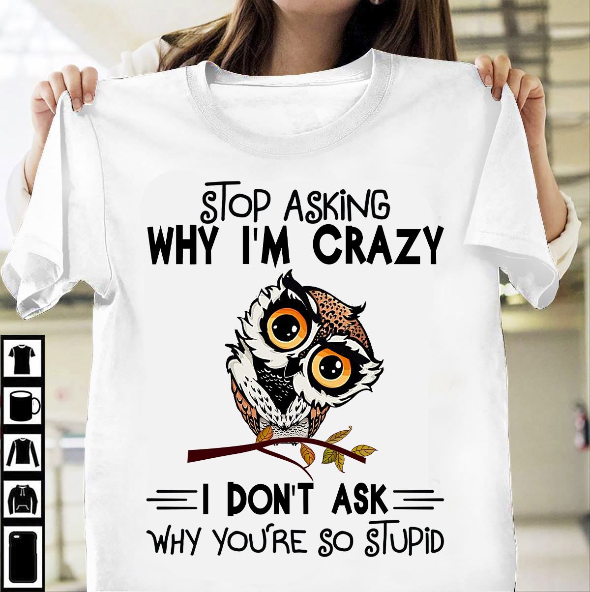 Stop asking why I'm crazy I don't ask why you're stupid - Grumpy owl