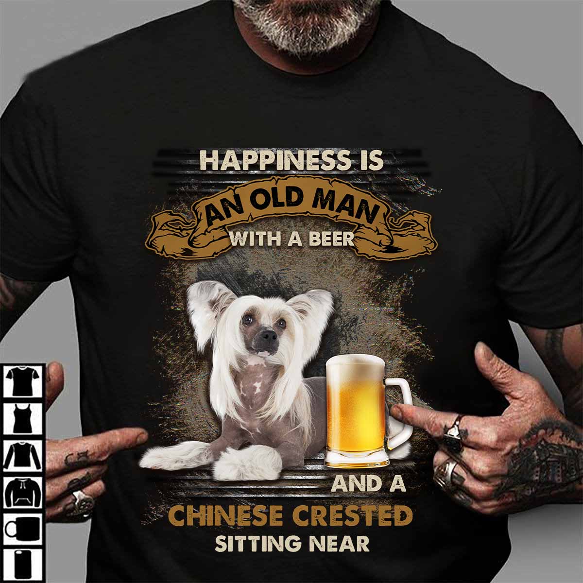 Chinese Crested Dog, Beer Lover - Happiness is an old man with a beer and a Chinese Crested sitting near