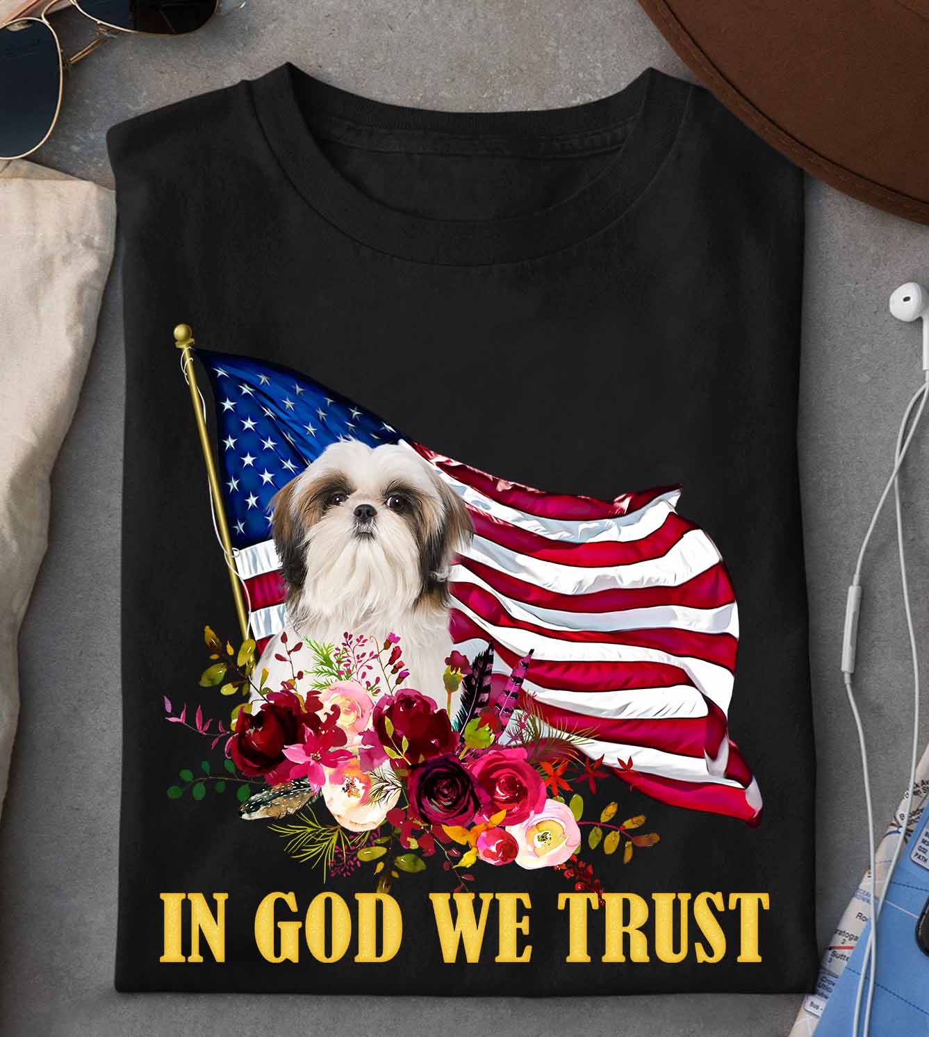 SHIH TZU Dog And America Flag – In God We Trust