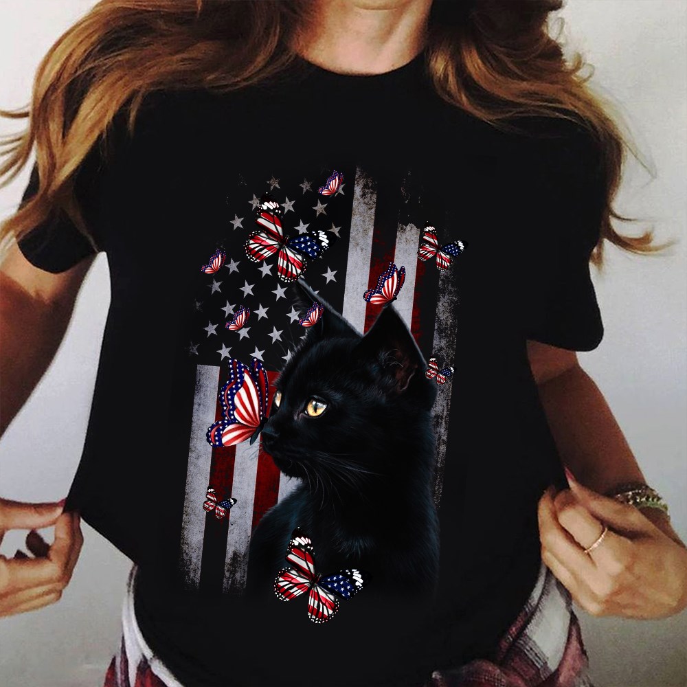 Black cat and butterflies - America flag, cat lover
