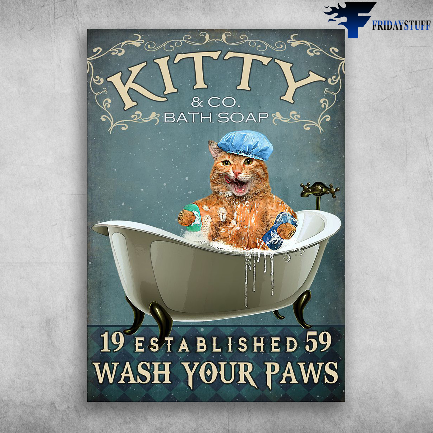 Cat In Bath - Kitty, And CO. Bath Soap, 19 Estabished 59, Wash Your Paws