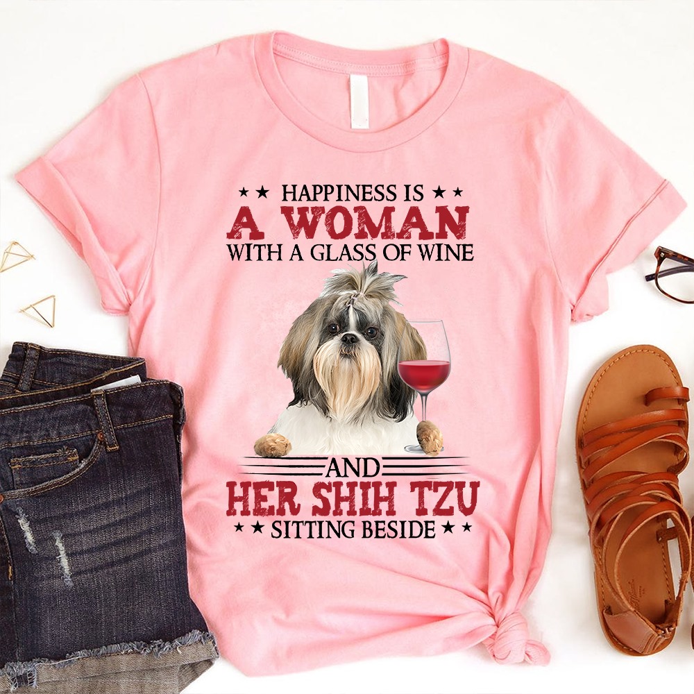 Happiness is a woman with a glass of wine and her shih tzu sitting beside - Wine lover