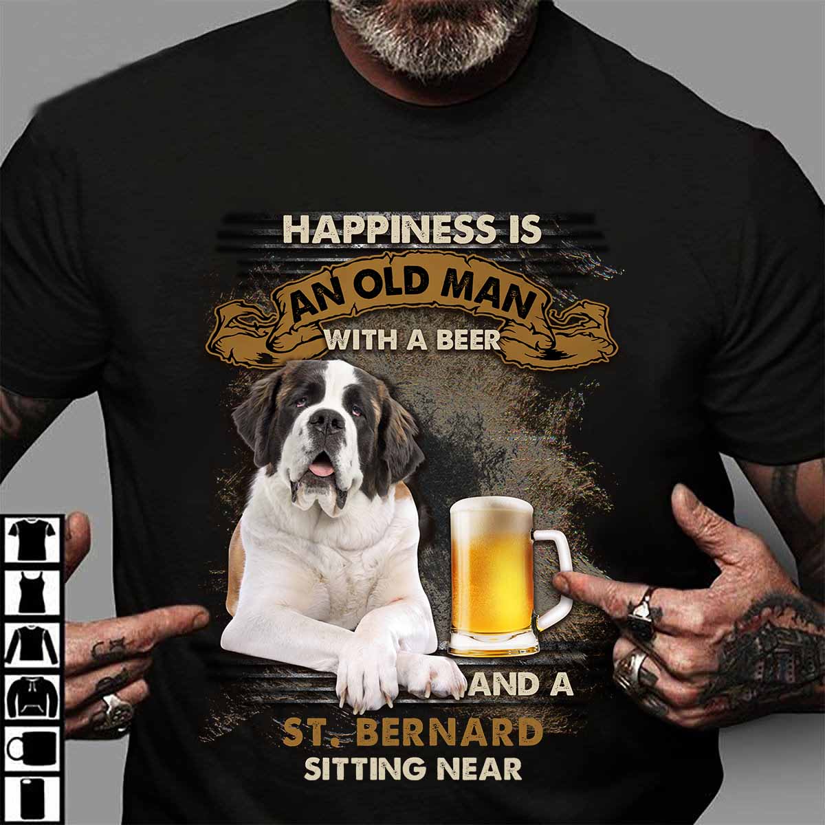 Happiness is an old man with a St. Bernard and a wolf sitting near - Beer lover