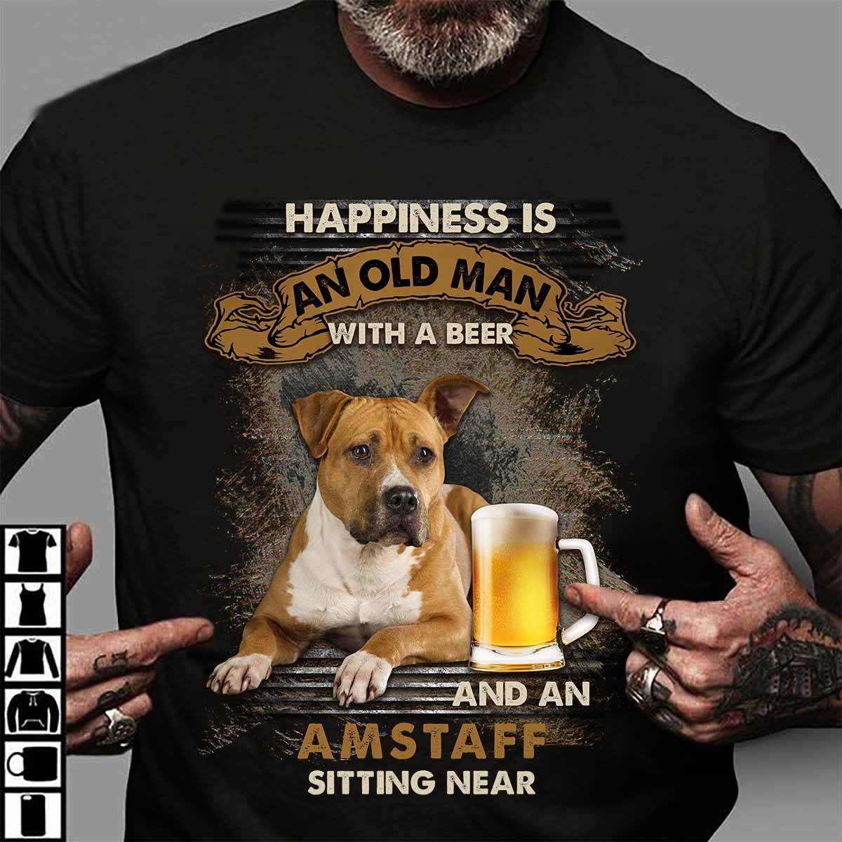 Happiness is an old man with a beer and a Amstaff sitting near - Amstaff dog