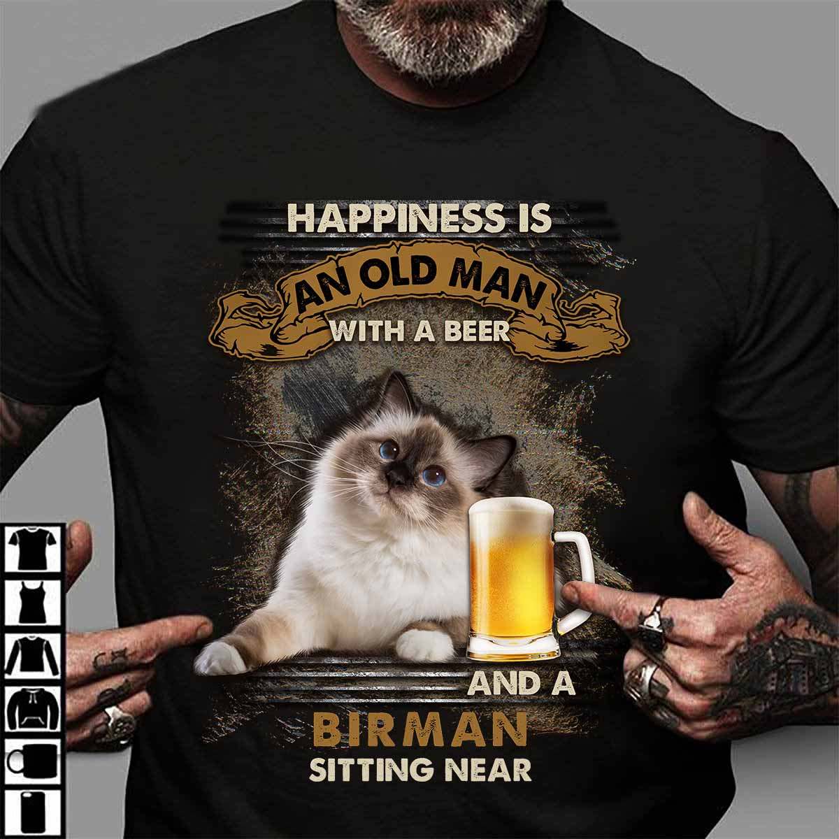 Happiness is an old man with a beer and a Birman sitting near - Birman cat