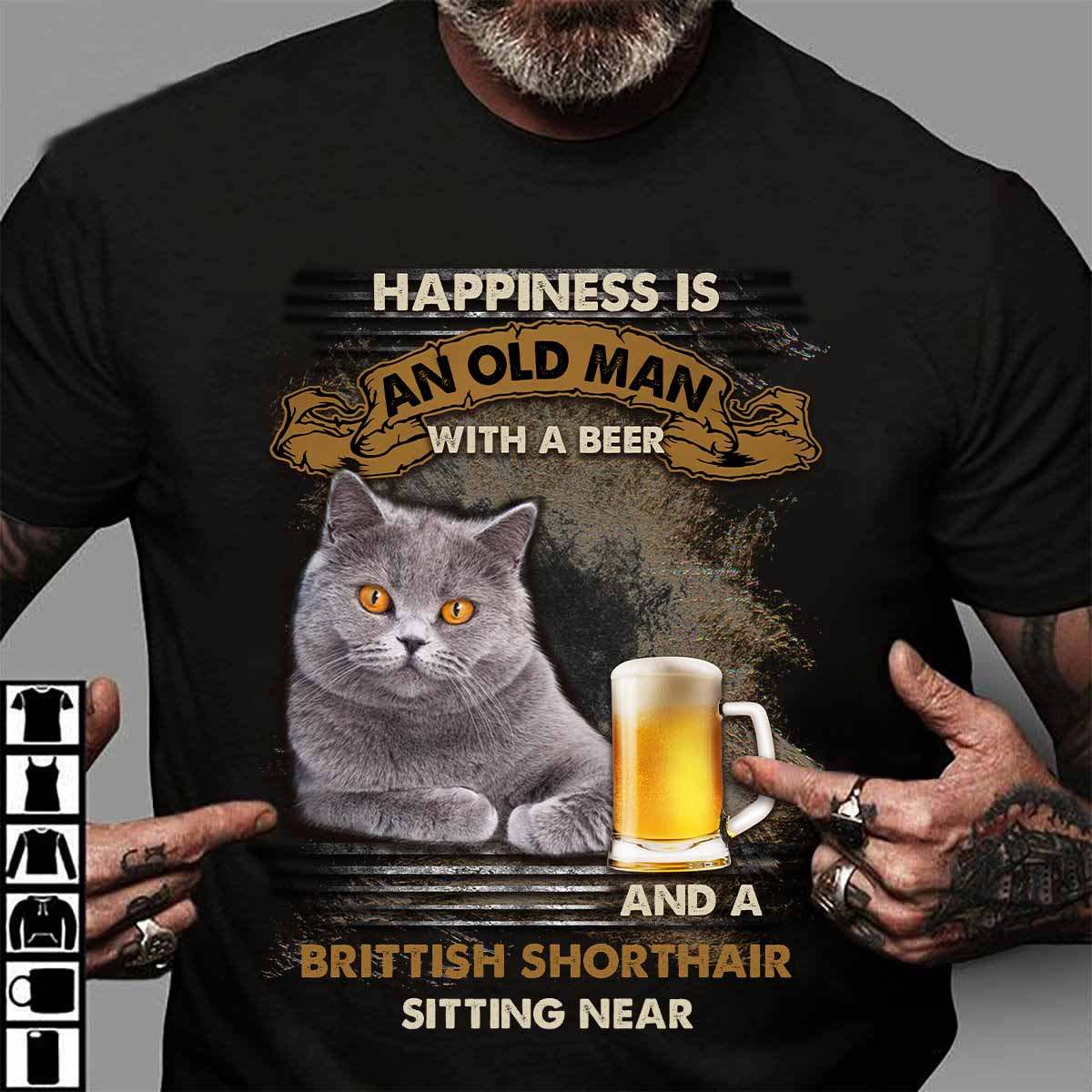 Happiness is an old man with a beer and a Brittish shorthair sitting near