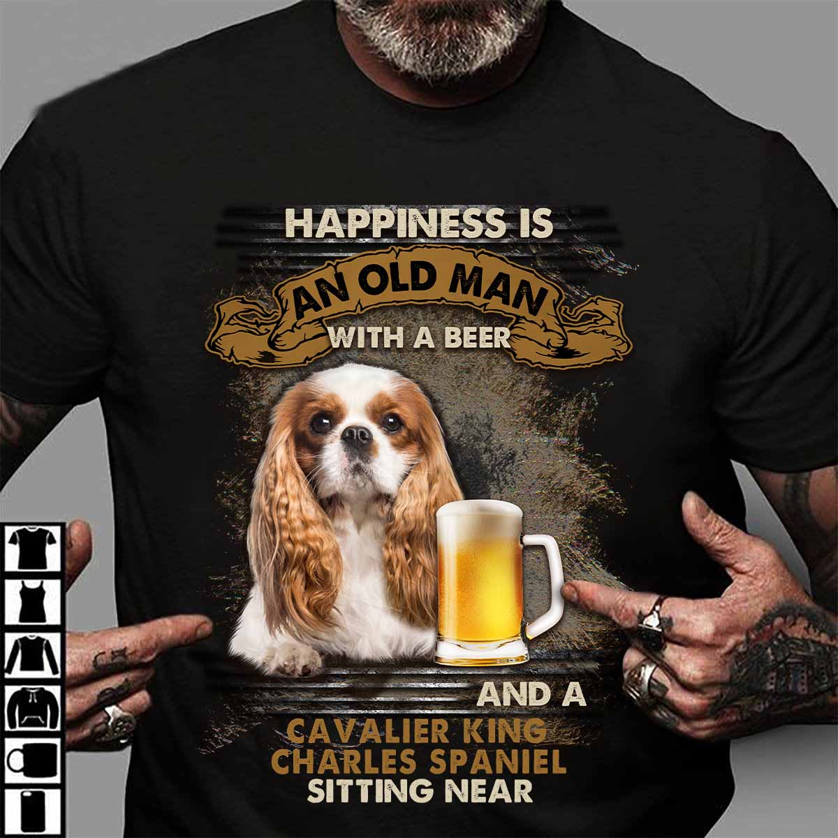 Happiness is an old man with a beer and a Cavalier King Charles Spaniel sitting near - Cavalier King Charles Spaniel and beer