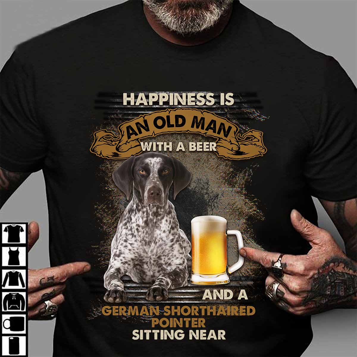 Happiness is an old man with a beer and a German shorthaired ponter sitting near