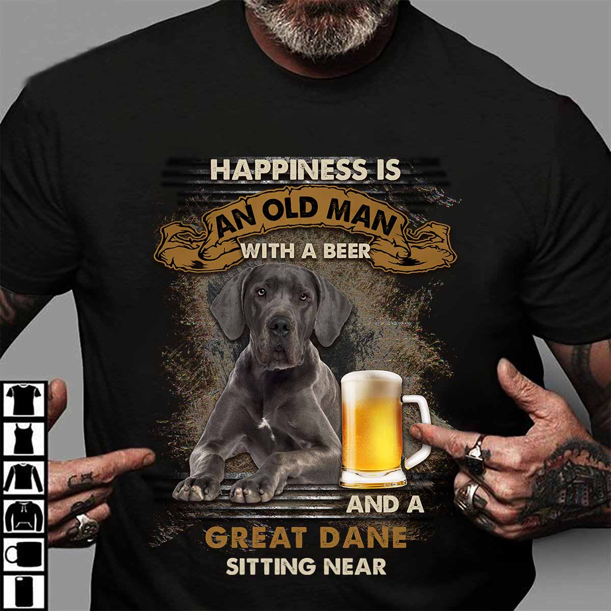 Happiness is an old man with a beer and a Great dane sitting near