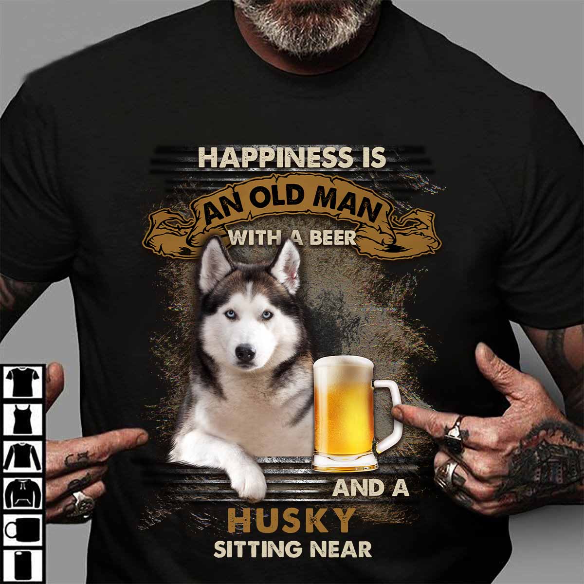 Happiness is an old man with a beer and a Husky sitting near - Husky dog