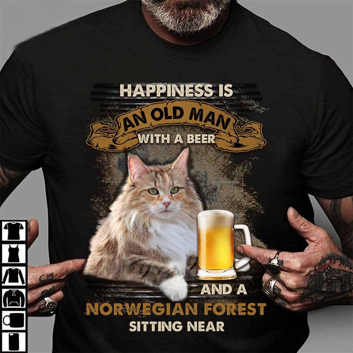 Happiness is an old man with a beer and a Norwegian forest sitting near