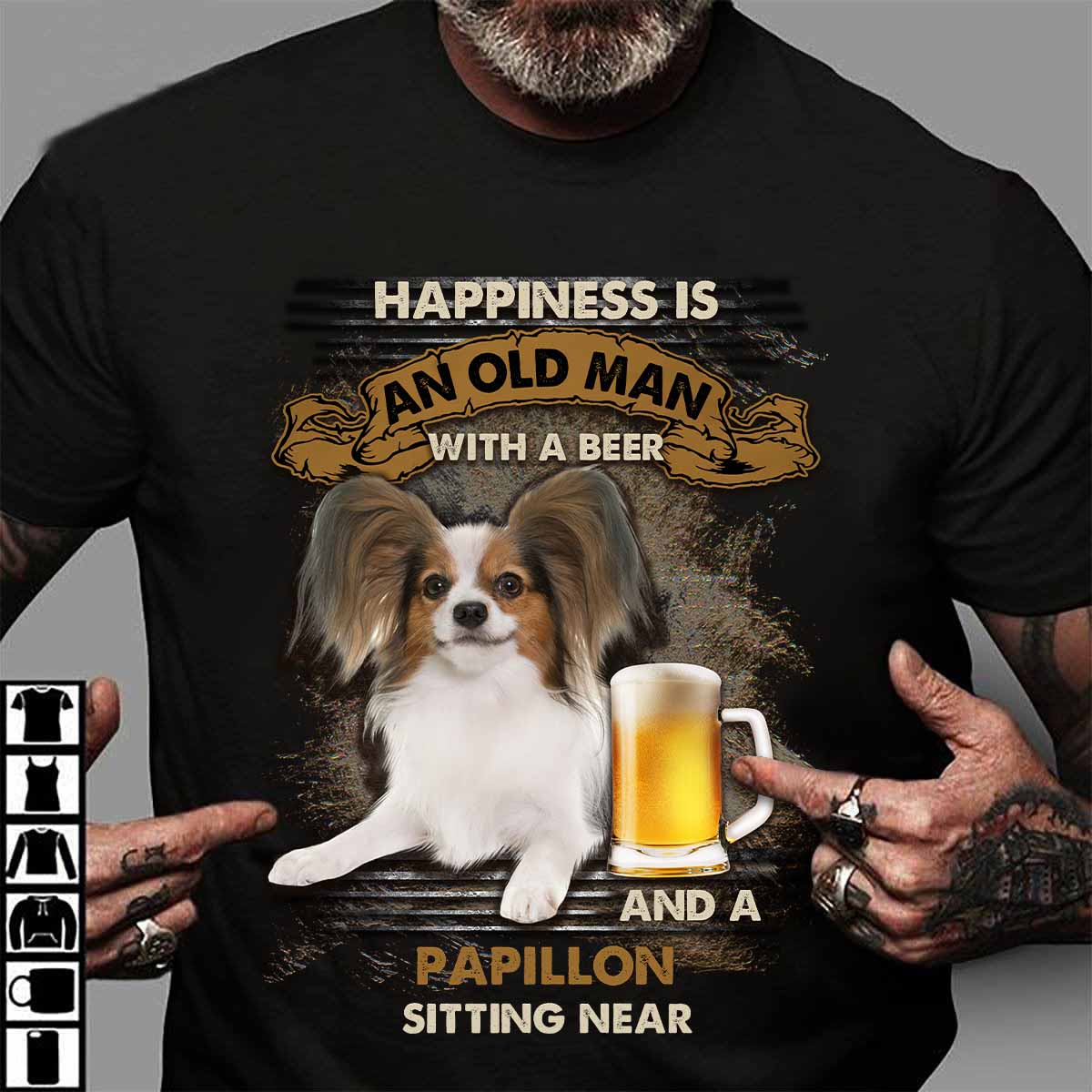 Happiness is an old man with a beer and a Papillon sitting near - Beer and dog