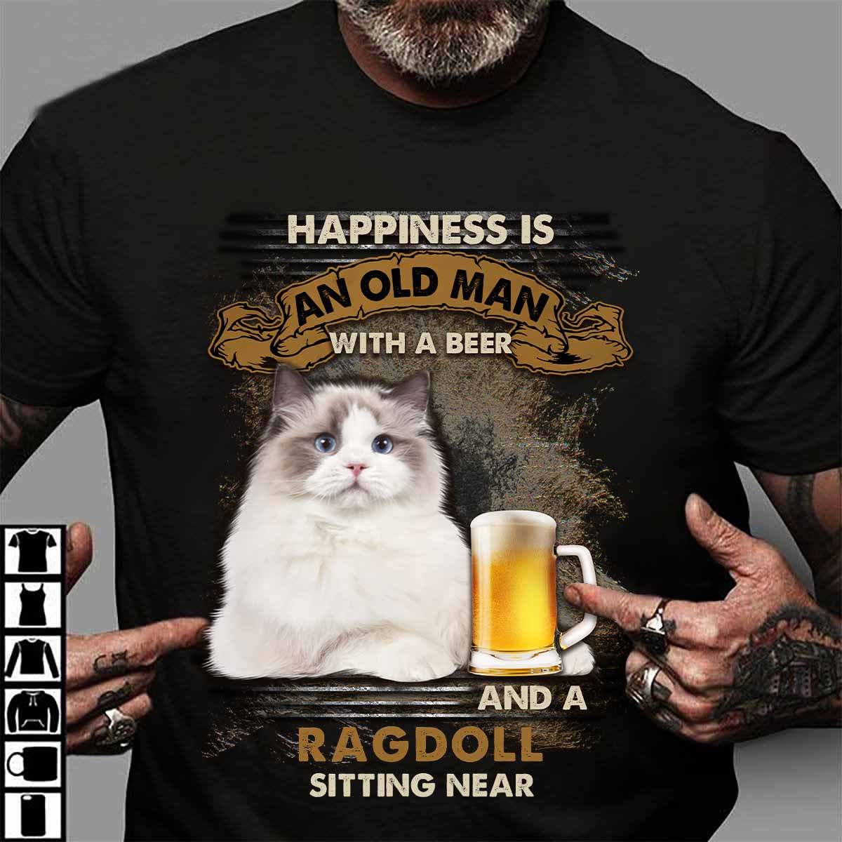 Happiness is an old man with a beer and a Ragdoll sitting near - Ragdoll cat