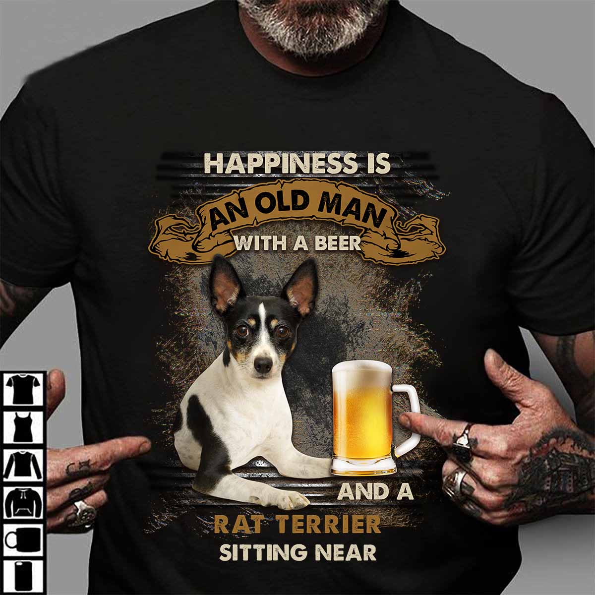 Happiness is an old man with a beer and a Rat terrier sitting near