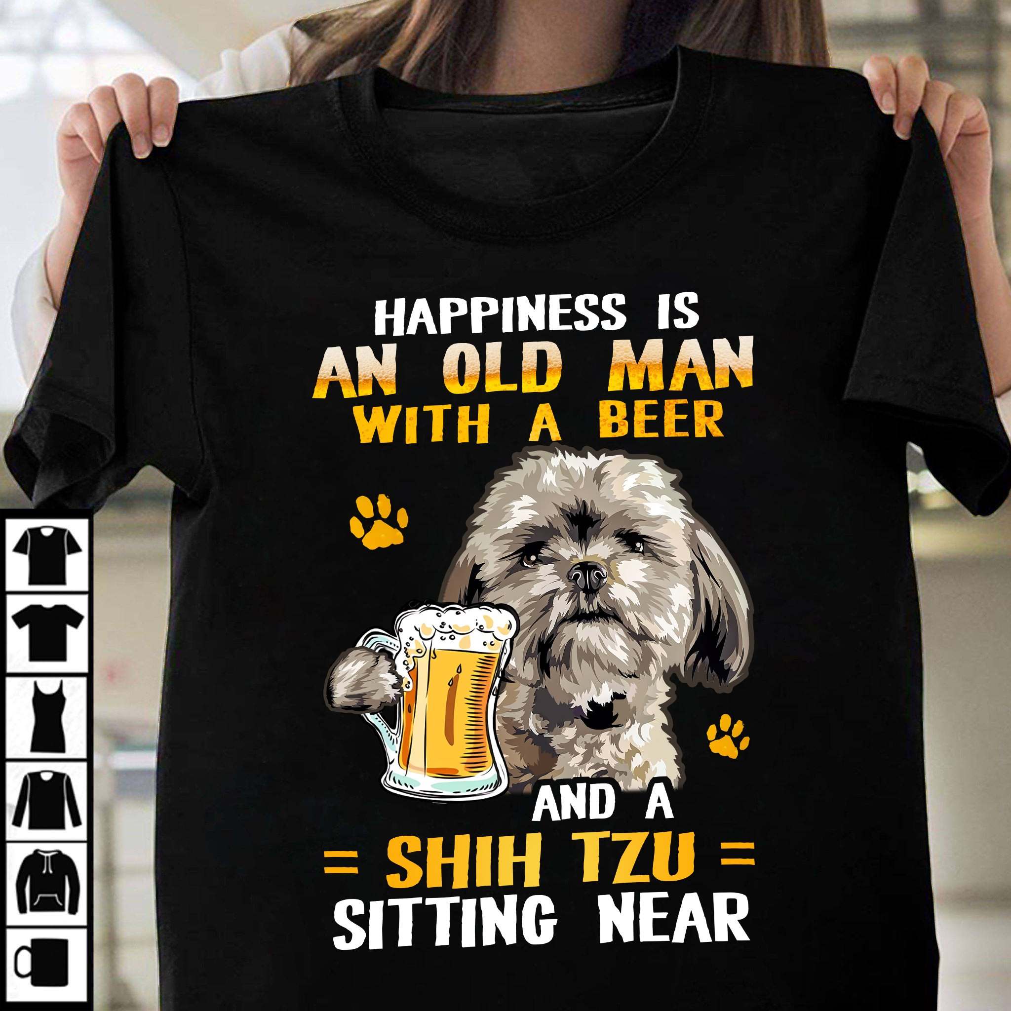 Happiness is an old man with a beer and a Shih Tzu sitting near - Dog and beer