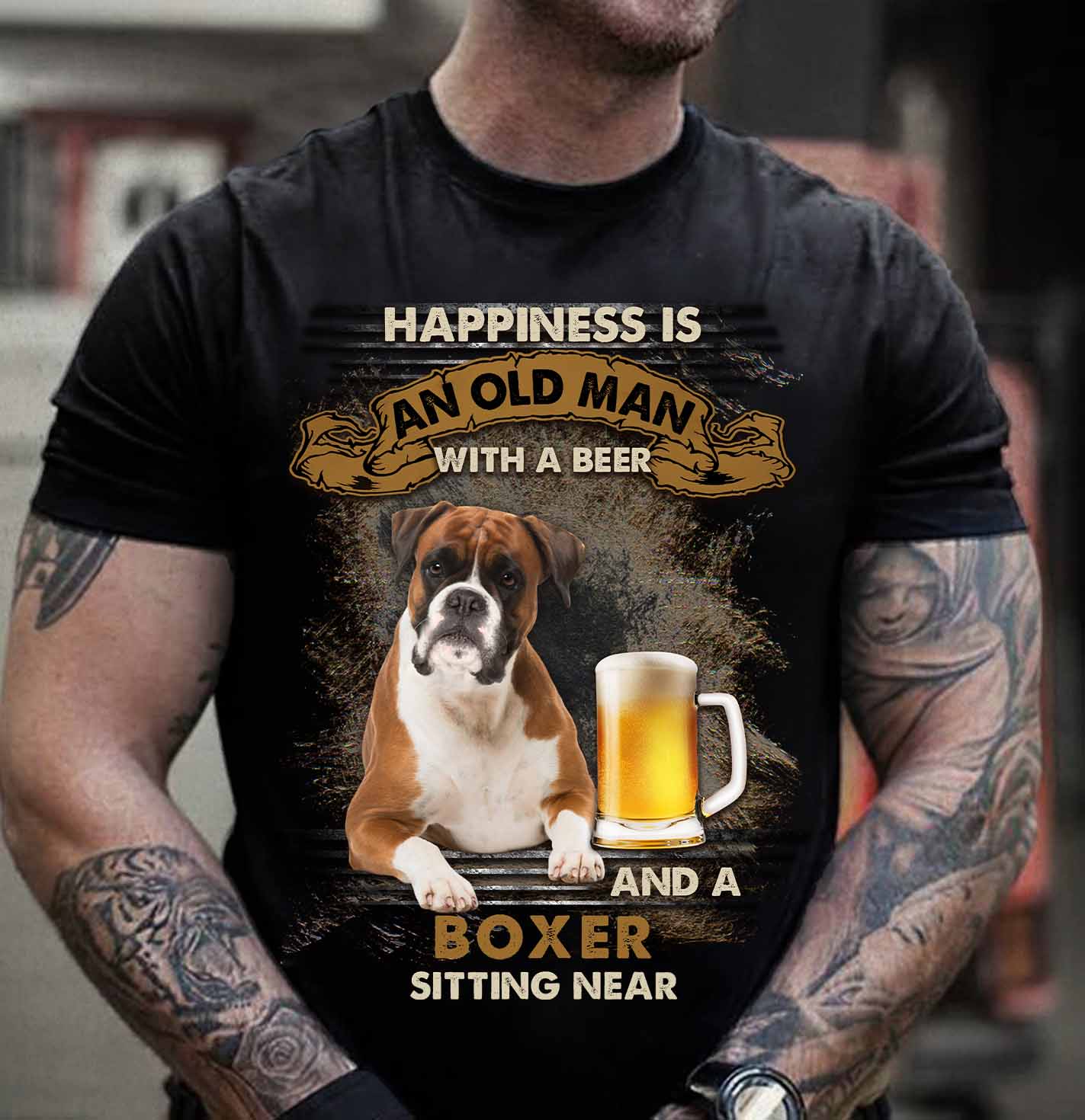 Happiness is an old man with a beer and a boxer sitting near - Boxer breed