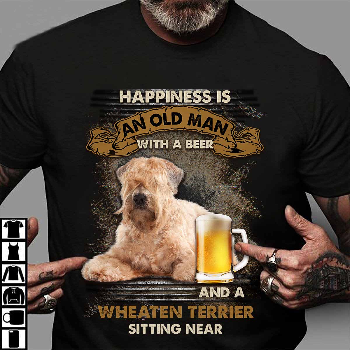 Happiness is an old man with a beer and a wheaten terrier sitting near - Beer lover