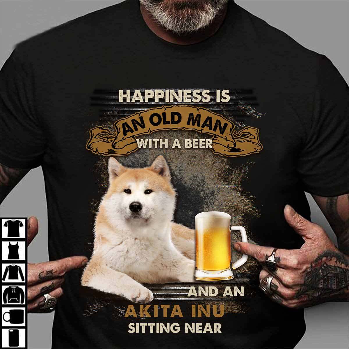 Happiness is an old man with a beer and an Akita Inu sitting near - Beer lover