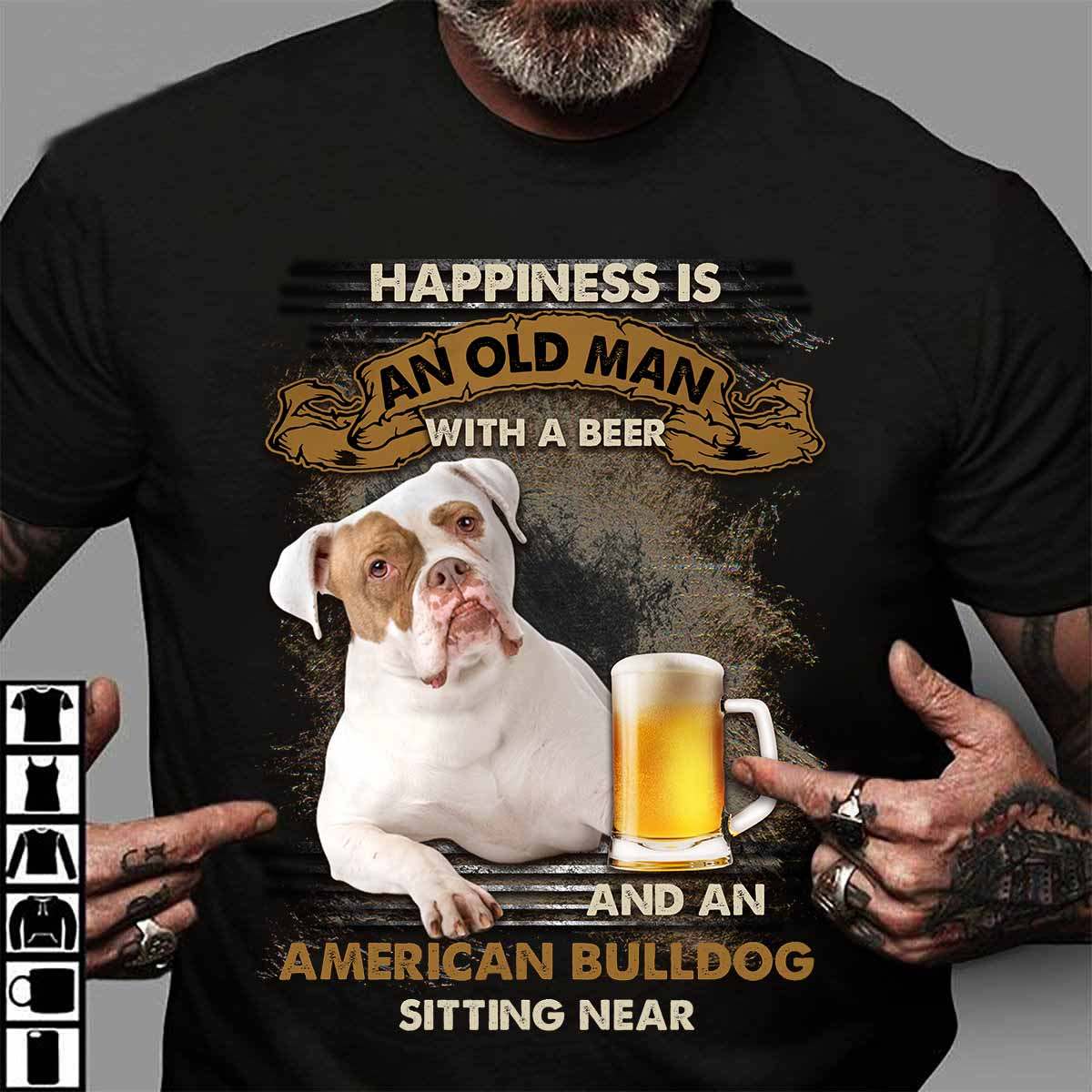 Happiness is an old man with a beer and an American bulldog sitting near