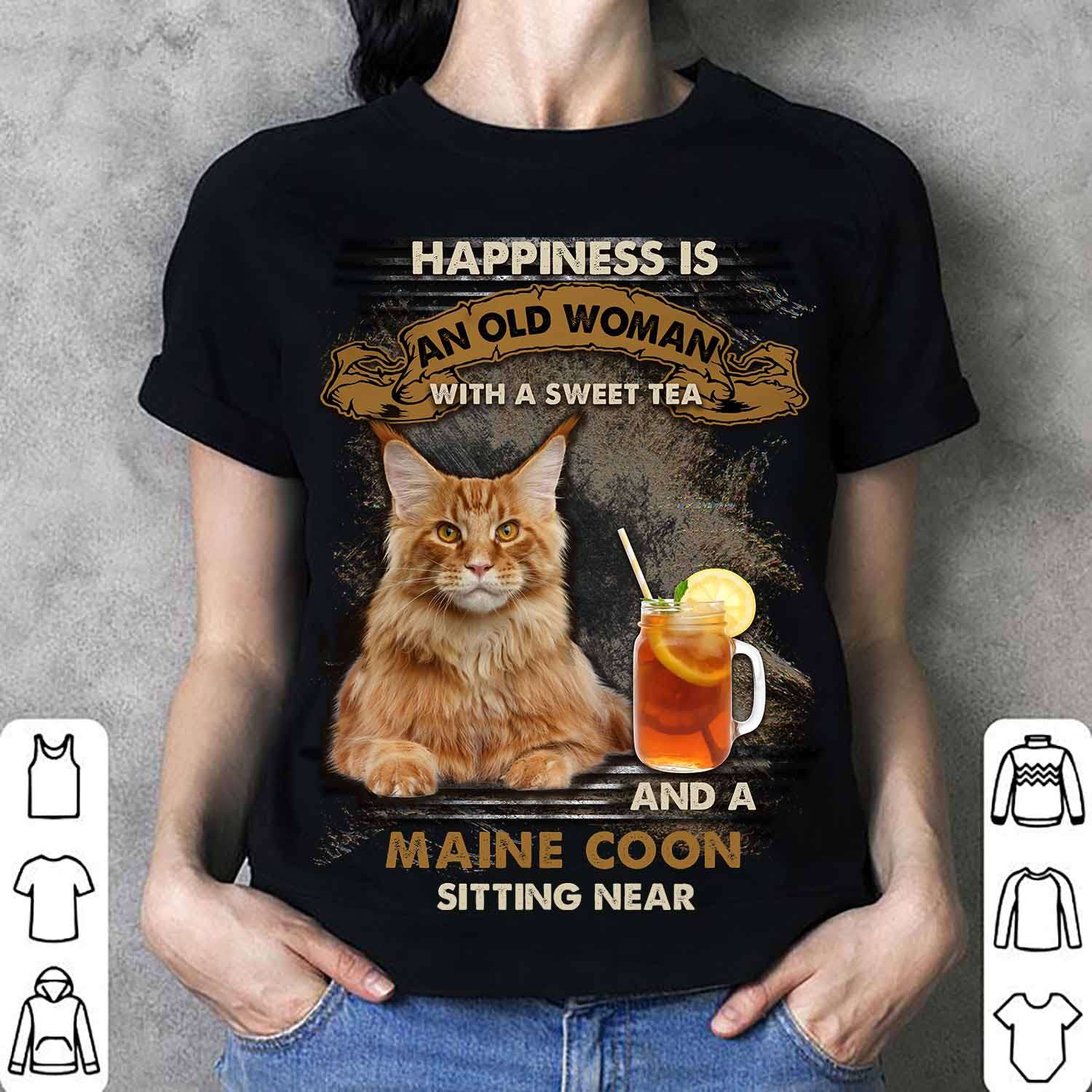 Happiness is an old woman with a sweet tea and a Maine Coon sitting near