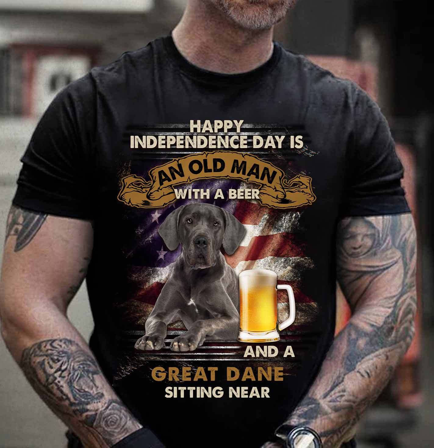 Happy independence day is an old man with a beer and a Great dane sitting near