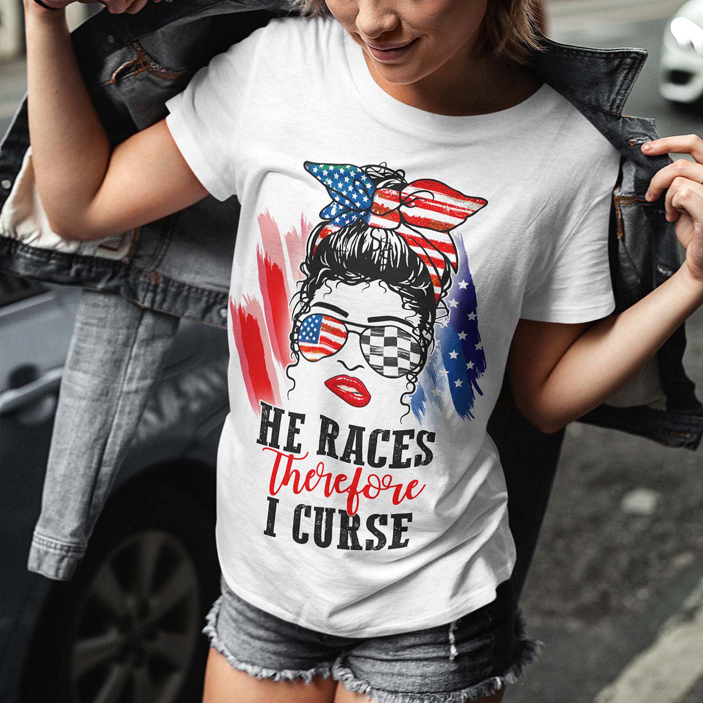 He races therefore I curse - Woman flag, American independence day
