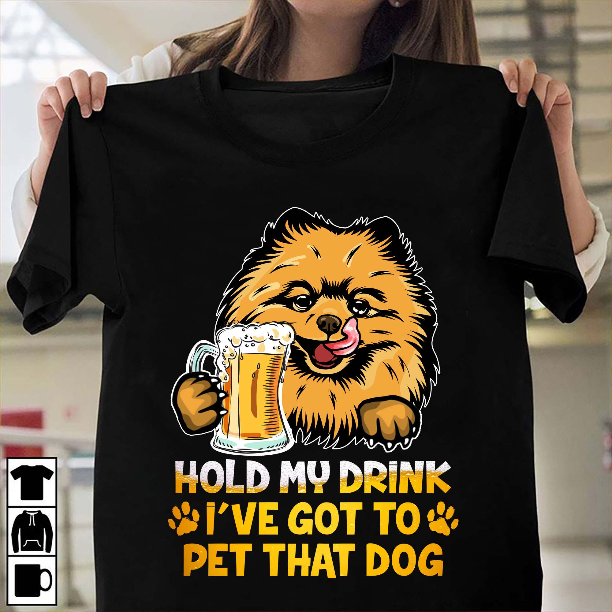 Hold my drink I've got to pet that dog - Pomeranian dog and beer