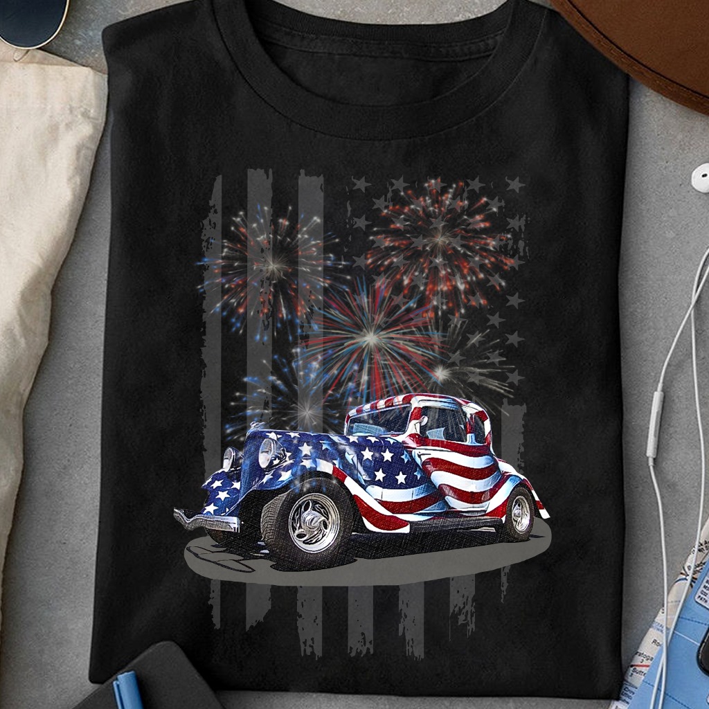 Hot rod car and America flag - Independence day