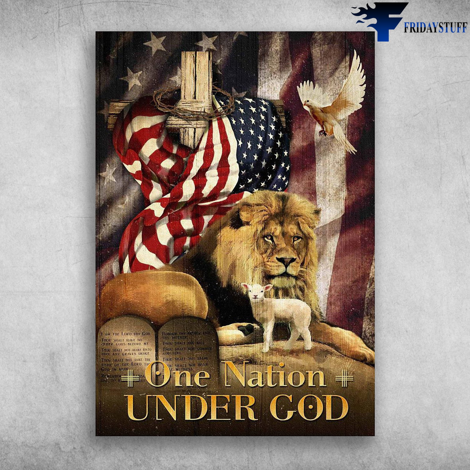 Lion, Dove, Lamb, American Flag - 4th of July, Independence Day, One Nation, Under God, Cross