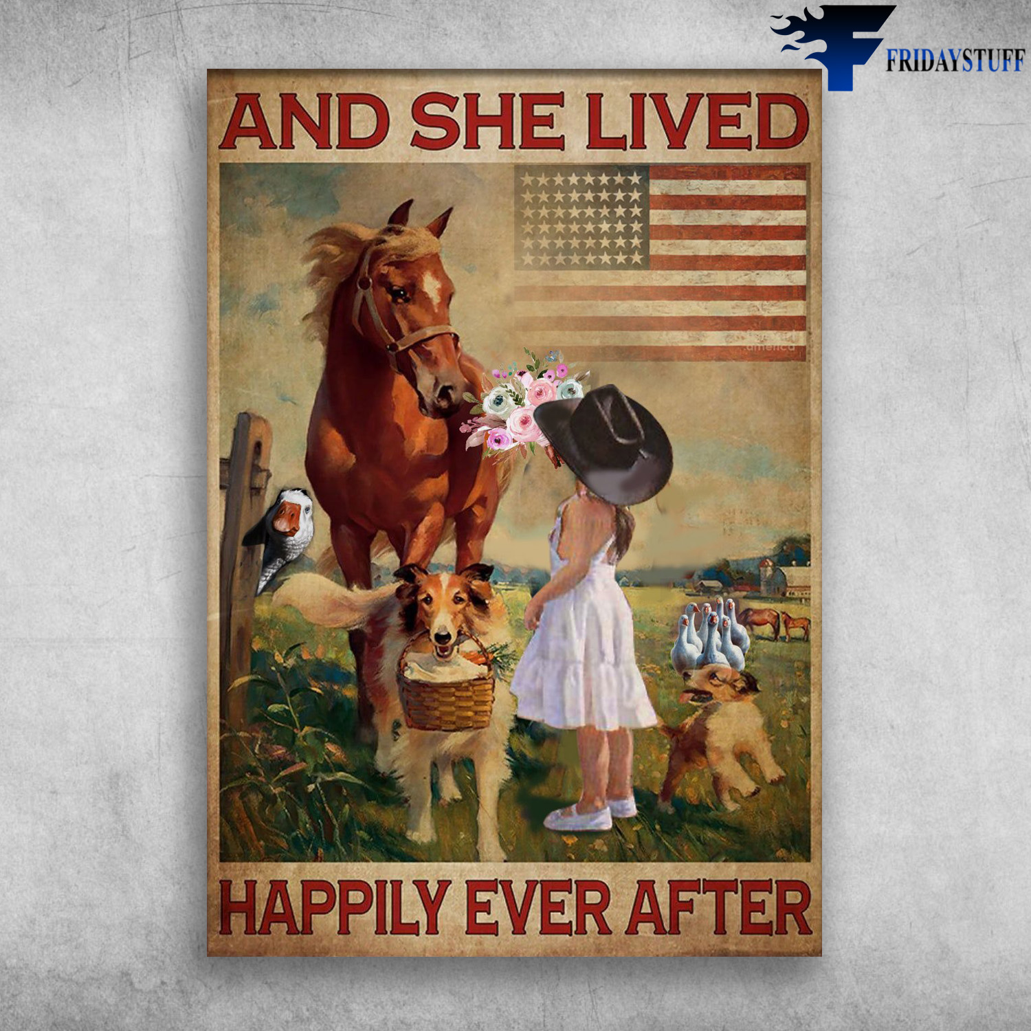 Little Girl And Horse, Dog Lover, Farmhouse American - And She Lived, Happily Ever After