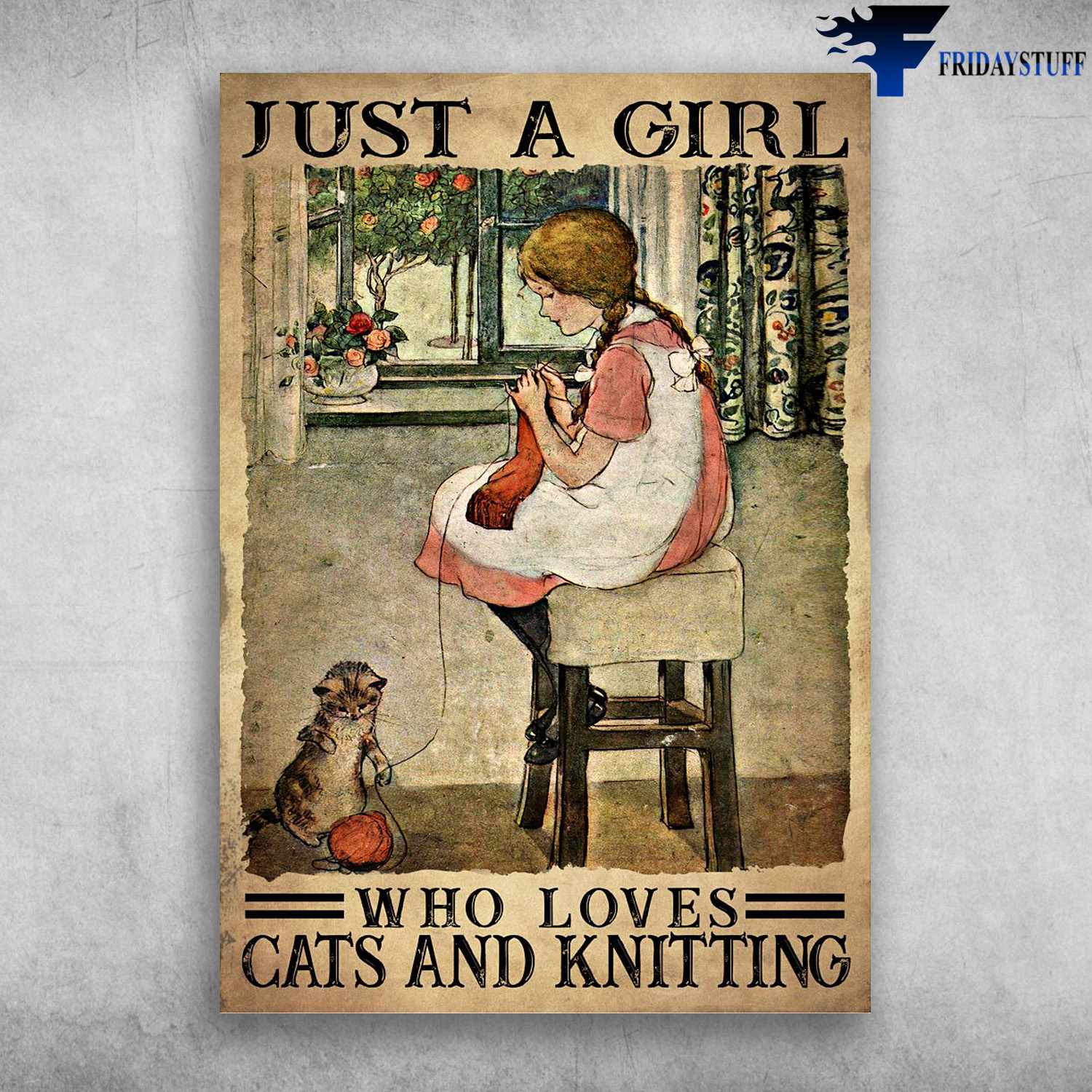 Little Girl Knitting With Cat - Just A Girl, Who Loves Cats And Knitting