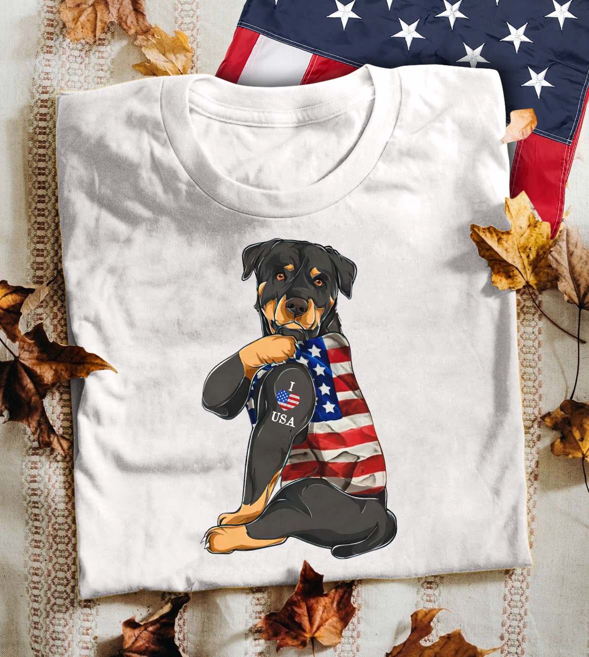 Rottweiler dog - I love USA, America independence day