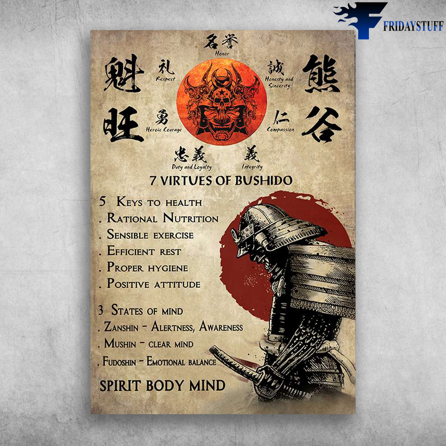 Samurai Rules - 7 Virtues Of Bushido, 5 Keys To Health, Ration Nitrition, Sensible Exercise, Efficient Rest, Proper Hygiene, Positive Attitude, 3 States Of Mind, Clear Mind, Fudoshin, Emotional Balance, Spirit Body Mind