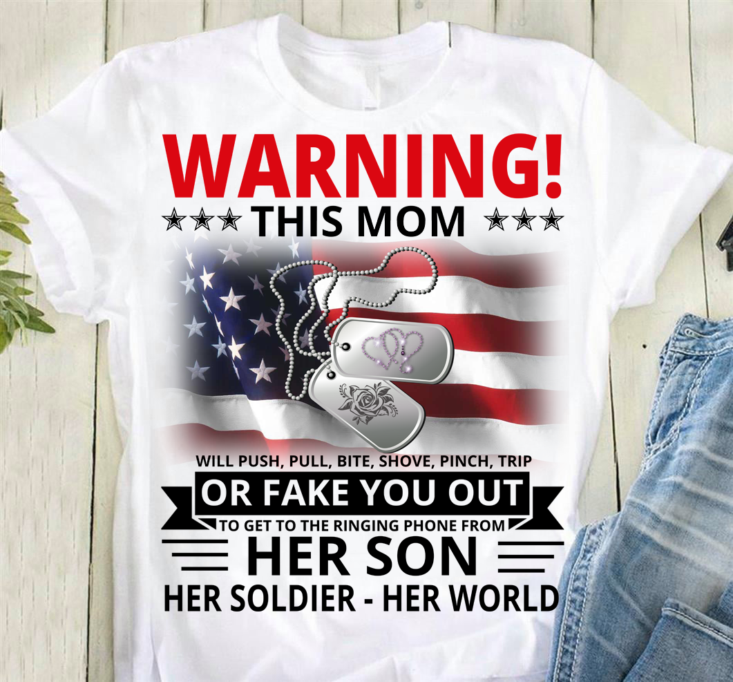 Necklace America Flag - Warning this mom will push pull bite shove pinch trip her soldier her world