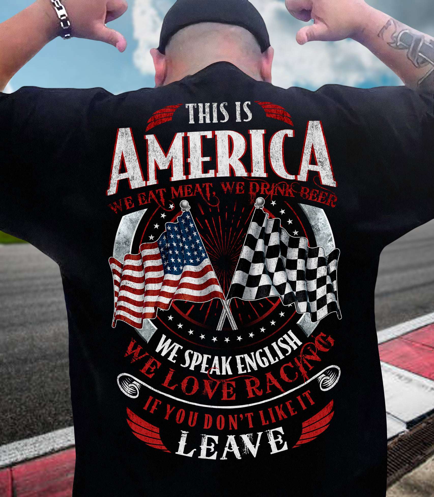 America Flag Racing Flag- This is america we eat neat we drink beer we speak english we love racing if you don't like it leave