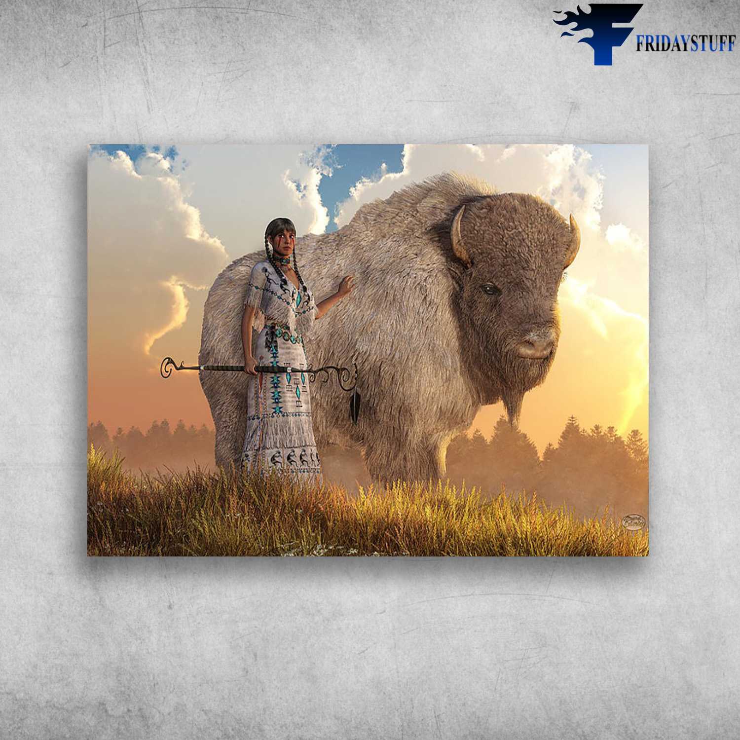 Bison Bison, Native Girl Scenery Canvas