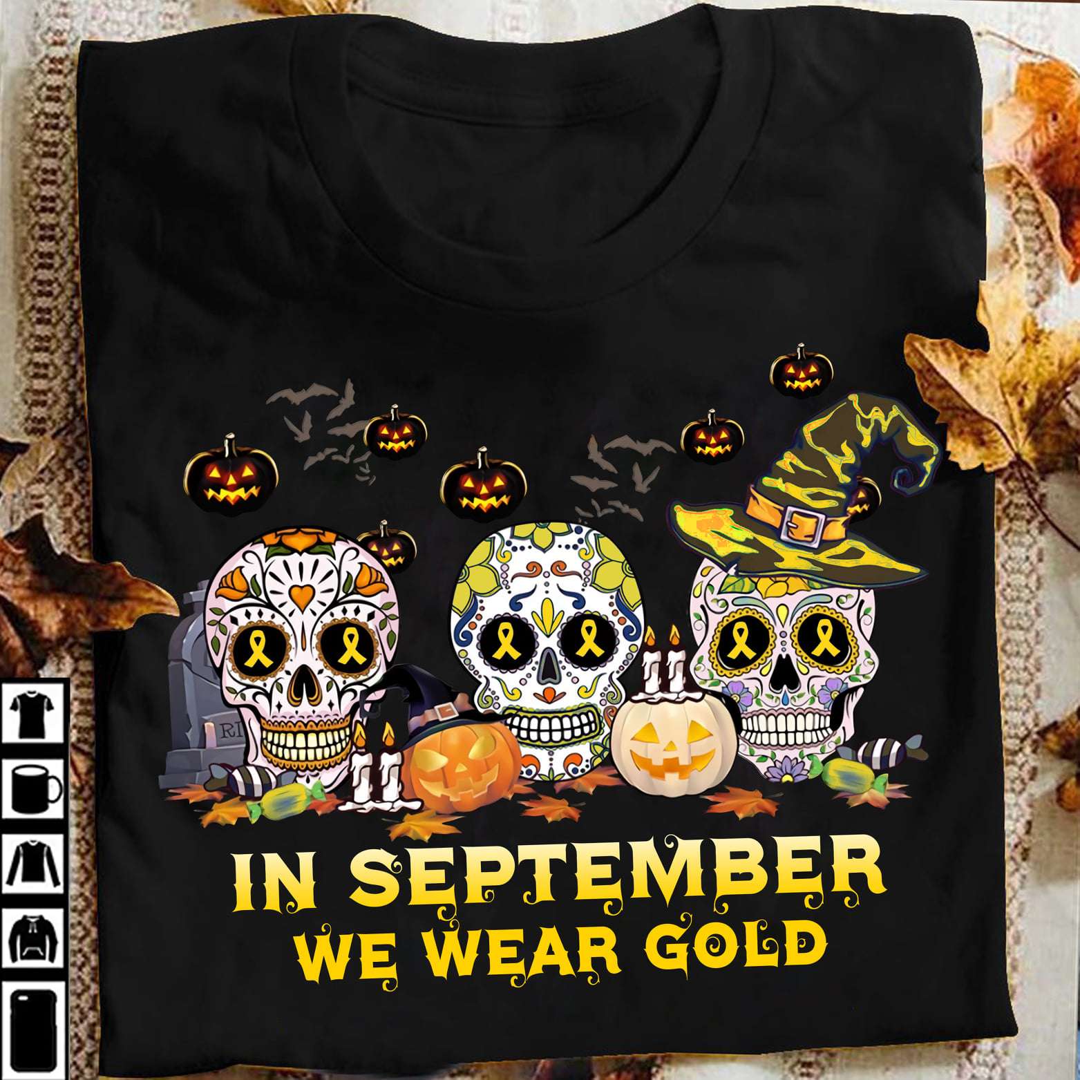 Cancer Ribbon Skull, Pumpkin Halloween - In september we wear gold