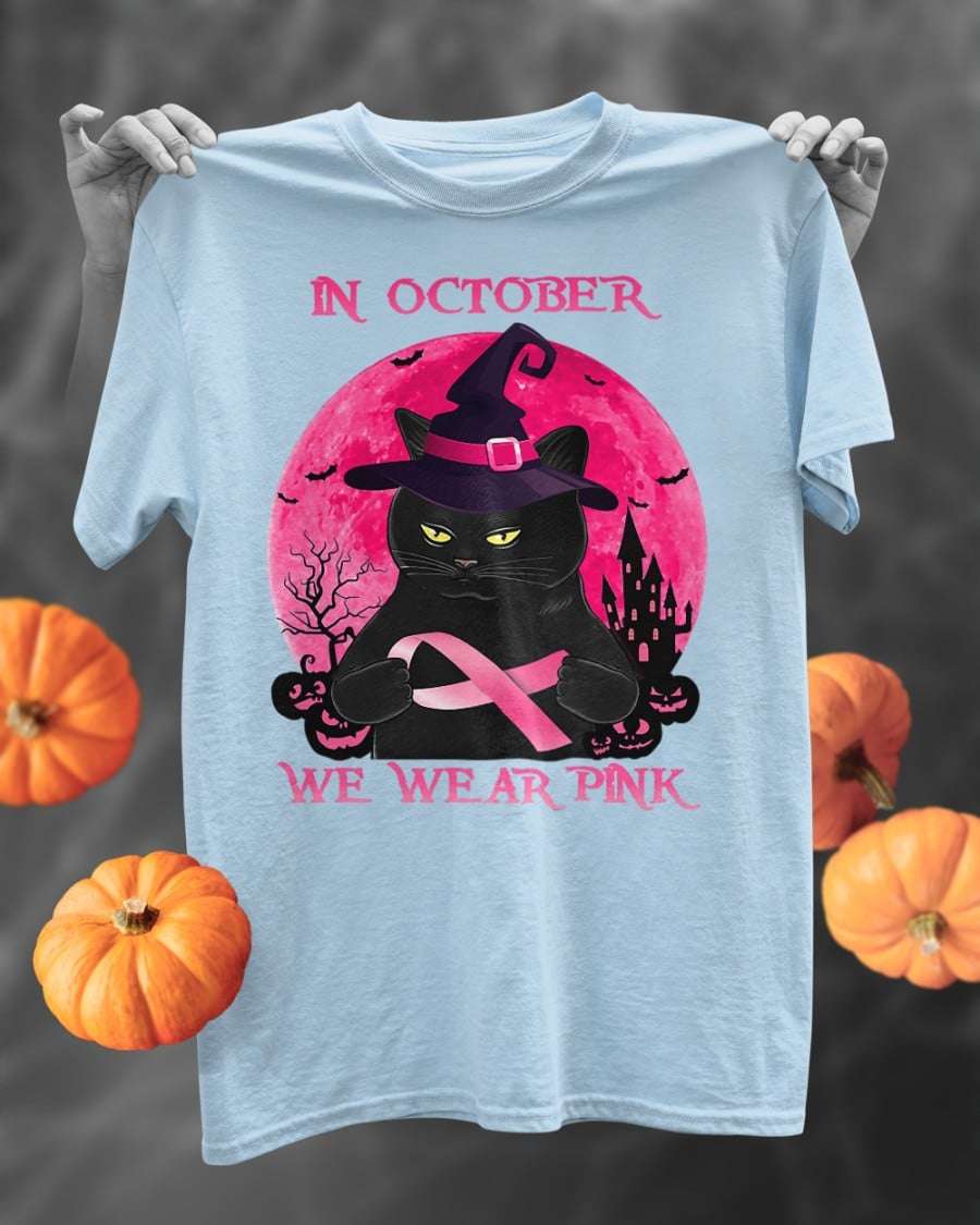 Breast Cancer Black Cat Witch - In october we wear pink