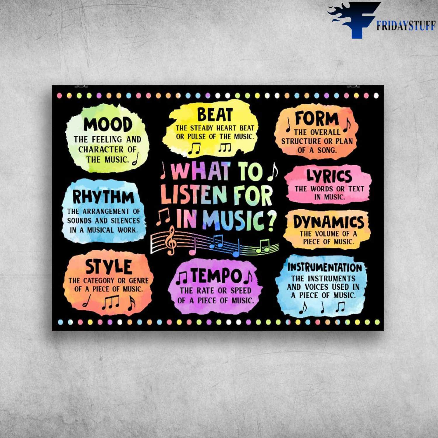 Back To School - Music Class, What To Listen For In Music, Mood The Feeling And Character Of The Music, Beat The Steady Heart Beat Or Pulse Of The Music, Form The Overall Structure Or Plan Of A Song