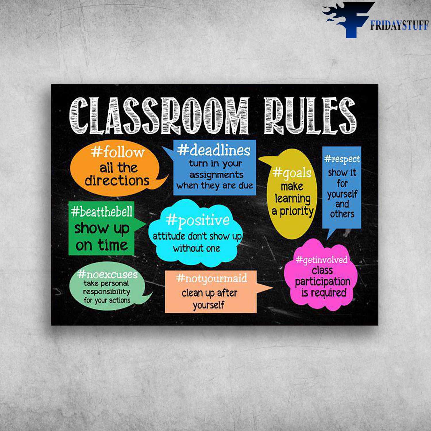 Classrome Rules, Follow All The Directions, Deadlines Turn In Your Assignments, When They Are Due, Goals Make Learning A Priority, Respect Show It For Yourself And Others