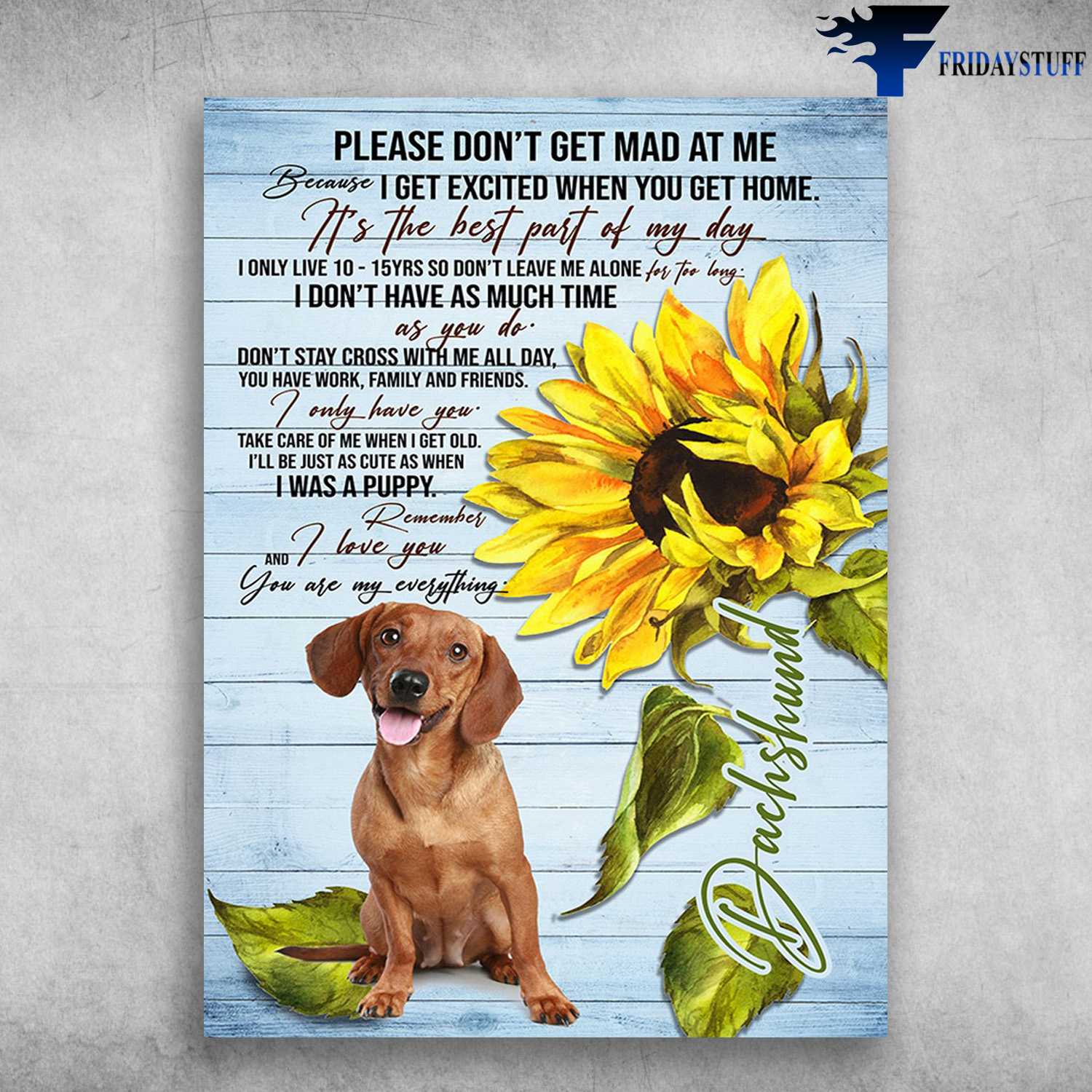 Dachshund Sunflower, Dog Lover - Please Don't Get Mad At Me, Because I Get Excited When You Get Home, It's The Best Part Of My Day, I Only Live 10-15Rs So Don't Leave Me Alone