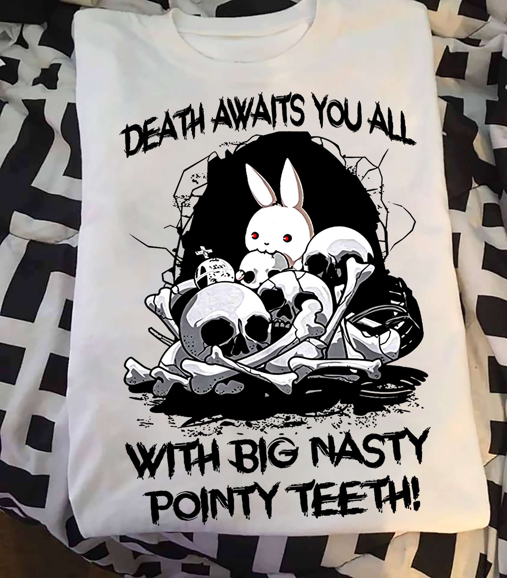 Death awaits you all with big nasty pointy teeth - Evil rabbit and skull