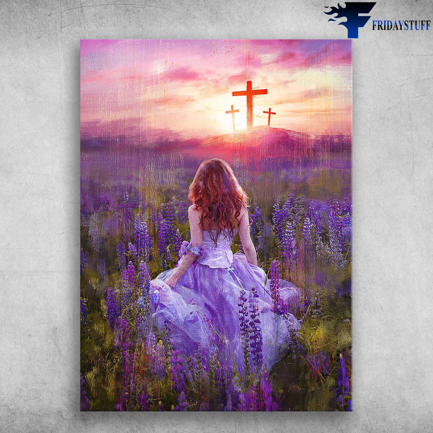 Girl in the violet flower field, Jesus Portrait - Wall Art