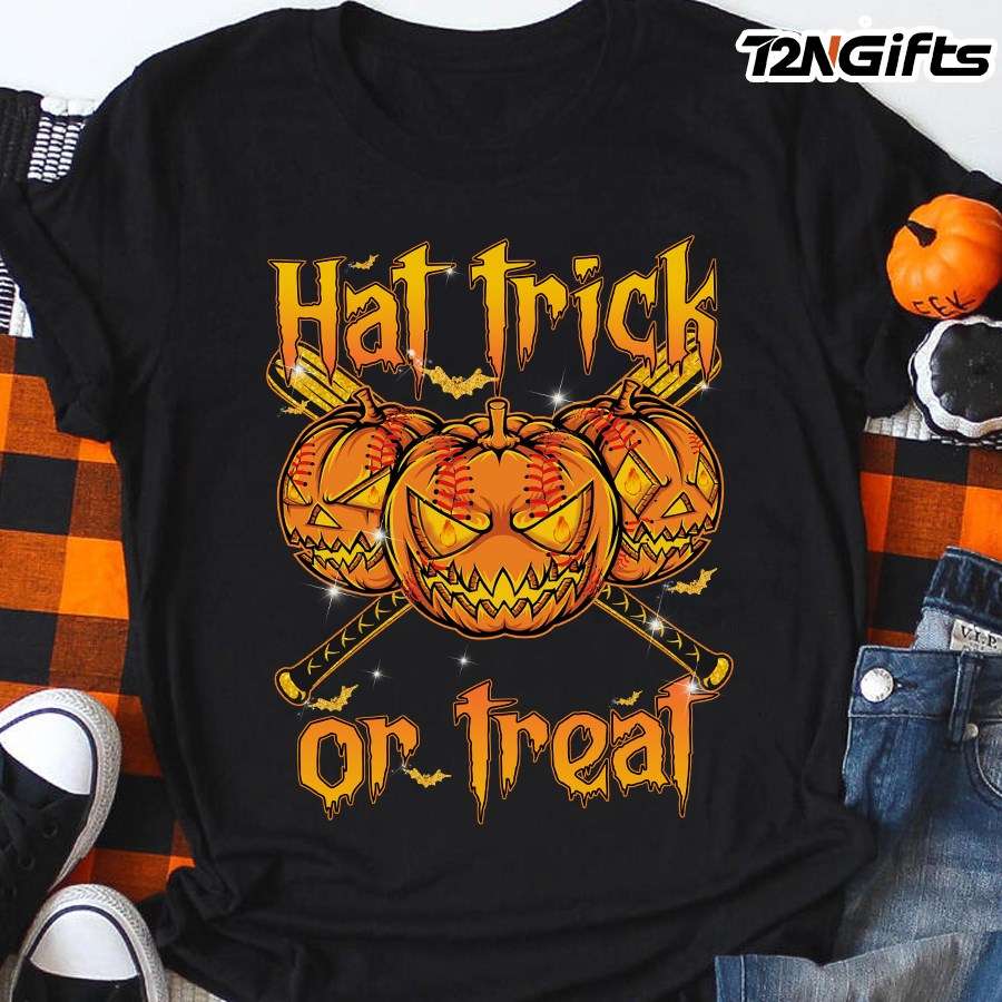 Hat trick or treat - Halloween pumpkin, baseball halloween T-shirt