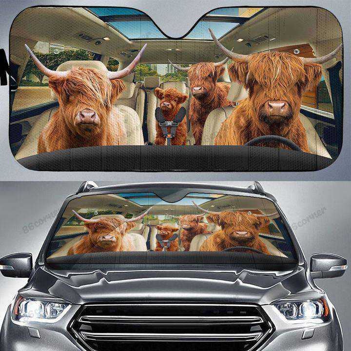 Highland Cattle Family, Cow Auto Sun Shade, Cattle Lover