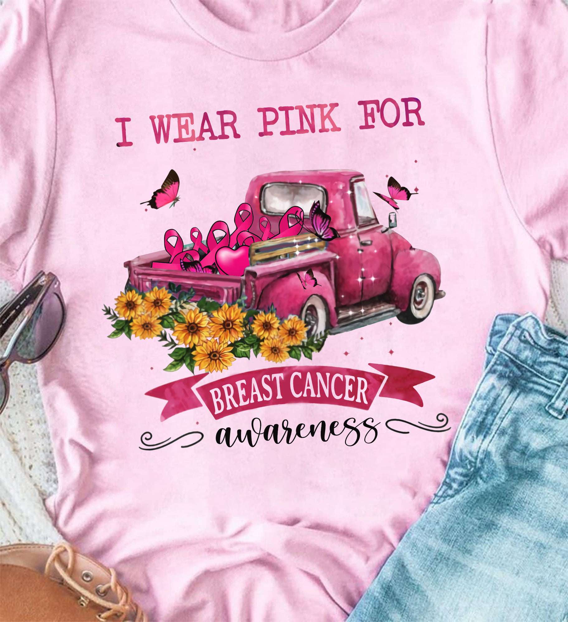 I wear pink for breast cancer awareness - Pink truck with ribbon, beautiful butterflies